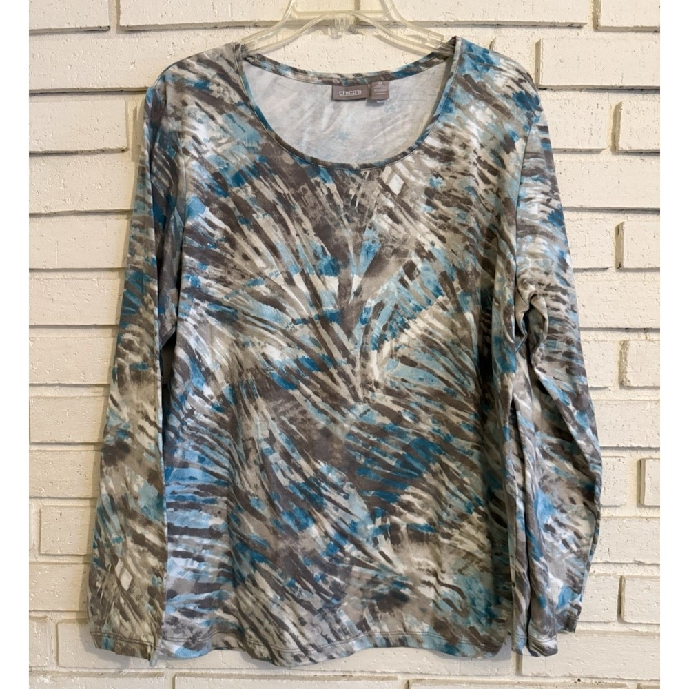 Chicos 3 Womens Long Sleeve Top Size XL Tan & Aqua Stripe Stretch